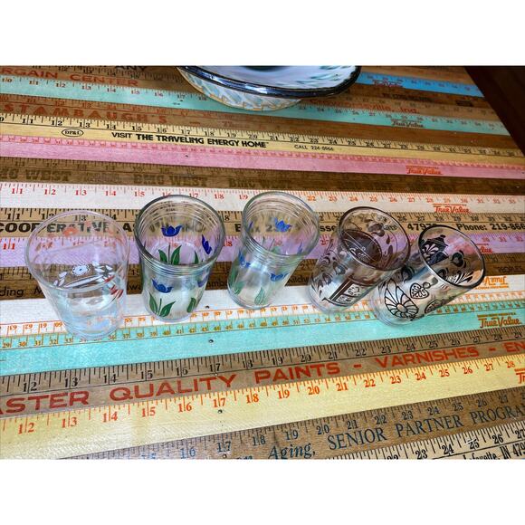 1930s ATLAS Federal KRAFT SWANKY SWIG Blue Tulip Black JUICE GLASSES 5 - Picture 2 of 9